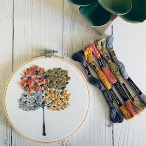 Four seasons embroidery kit. Nature tree hoop art. Mindful stress relief craft gift. Spring summer autumn and winter.