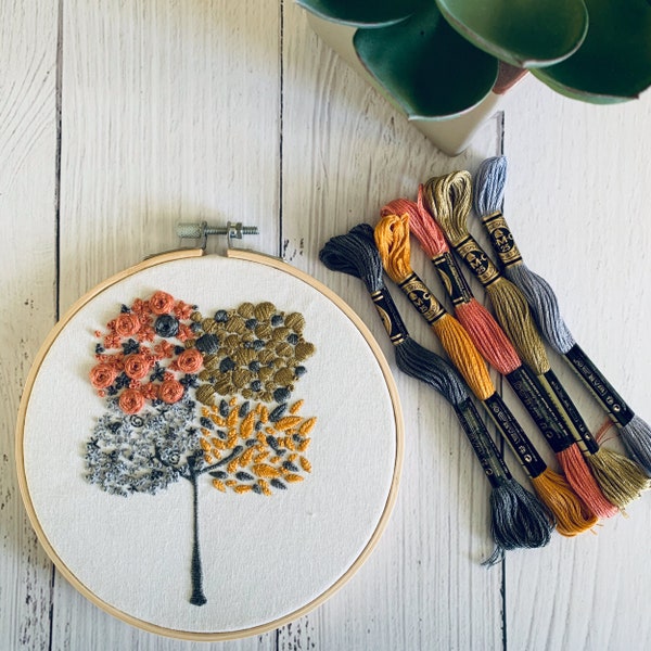 Vier Jahreszeiten Stickdatei - Naturinspirierte Baumstickerei. Frühling, Sommer, Herbst, Winter Design. Entspannendes Handwerksgeschenk für alle.