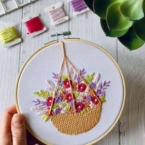 Digital download. Floral hanging basket hand embroidery hoop art PDF pattern with instructions.  Wildlife beginner crewel wall decor.