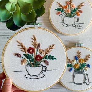 Digital Pattern - Floral Tea Embroidery Pattern. 3 Patterns Included. PDF instant download with instructions.