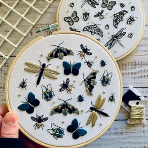 Embroidery Kit - Insect, bug design with gold metallic thread. Adult butterfly and dragonfly gift.