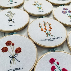 Personalised Birth Month Floral Embroidery Kit - Choose Your Birth Month Flower, Name and Date. Beginner Hand Sewing Birthday Gift Project.