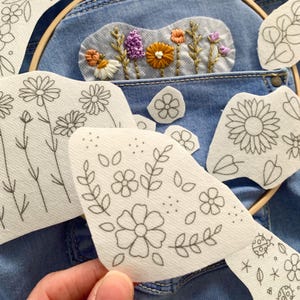 Denim Floral Embroidery Patches: Stick and Stitch Appliqués - 9 Piece Kit