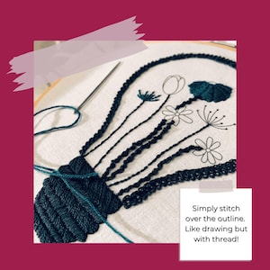 May include: Embroidery hoop with a floral design in progress. The design features dark teal and black stitched flowers and stems on a white fabric. A needle and thread are visible, along with the text: "Simply stitch over the outline. Like drawing but with thread!"