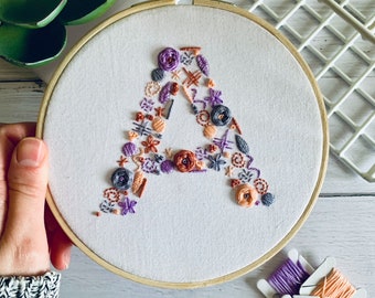 Digital download. All 26 letters included. A-Z initial embroidery hoop art PDF pattern with instructions. Personalised wall decor project