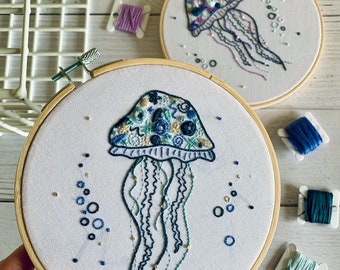 Ocean Jellyfish Embroidery Kit - DIY Hoop Art Craft for Beginners, Mindful Adult Stress Relief Gift