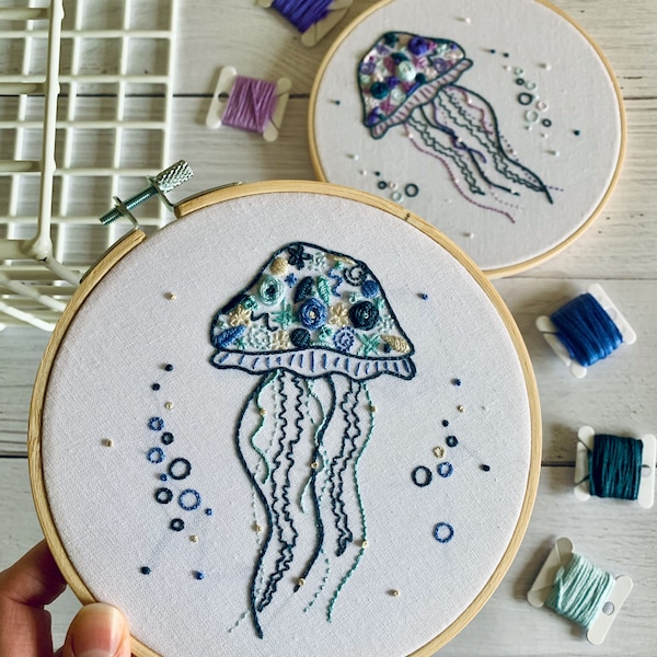 Ocean Jellyfish Embroidery Kit - DIY Hoop Art Craft for Beginners, Mindful Adult Stress Relief Gift