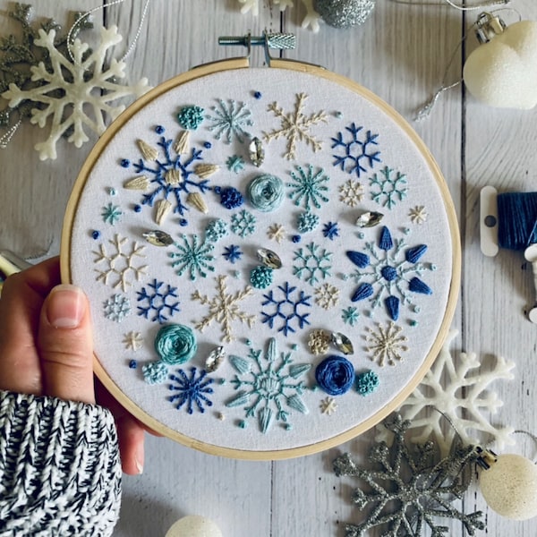 Snowflake embroidery kit. DIY modern hoop art. Creative winter craft gift for adult mindfulness. Diamanté gems included.