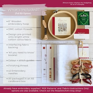 May include: An embroidery kit with a wooden hoop, DMC cotton threads, pre-printed fabric, and instructions. The kit includes a 6-inch hoop and is packaged in an A5 cardboard box. The kit also includes color and stitch guides, finishing thread, and embroidery needles.