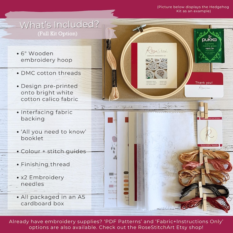 May include: An embroidery kit with a wooden hoop, DMC cotton threads, pre-printed fabric, and instructions. The kit includes a 6-inch hoop and is packaged in an A5 cardboard box. The kit also includes color and stitch guides, finishing thread, and embroidery needles.