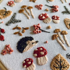 May include: Embroidered artwork featuring a woodland theme. The design includes a hedgehog, mushrooms with red and white caps, and various leaves and berries in shades of brown, beige, and red. The embroidery is on a light-colored fabric.