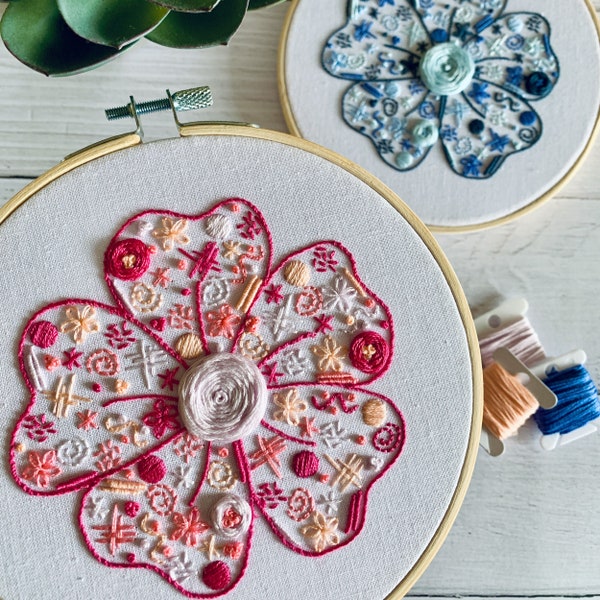 Flower Doodle Embroidery Kit - DIY Hoop Art for Mindful Crafting & Stress Relief. Nature Inspired with a Modern Twist. 4 Colour Options.