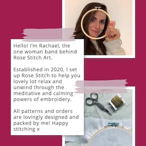 May include: The image features a woman holding an embroidery hoop, with text that reads "Rose Stitch Art." The text also mentions the business was established in 2020 to help people relax through embroidery. Other items include scissors and thread.
