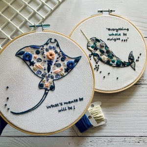 Embroidery Kit - Sea-life narwhal and/or manta ray. With or without quotes.