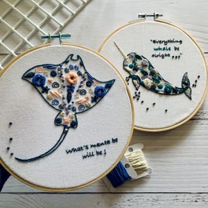 Sea-life Narwhal, Manta Ray Embroidery Kit - With or Without Quotes.  Whimsical Modern Sea Creature Hoop Art for Mindful Relaxation.