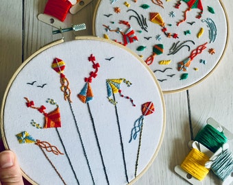 Digital download. Kites embroidery hoop art PDF pattern with instructions.  Outdoor birds beginner crewel wall decor project. 2 Designs