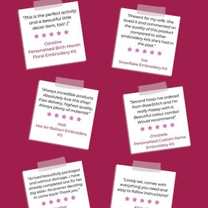 May include: A collection of customer reviews on white sticky notes, each with a pink washi tape border, against a magenta background. The reviews are for embroidery kits, with text and star ratings visible.