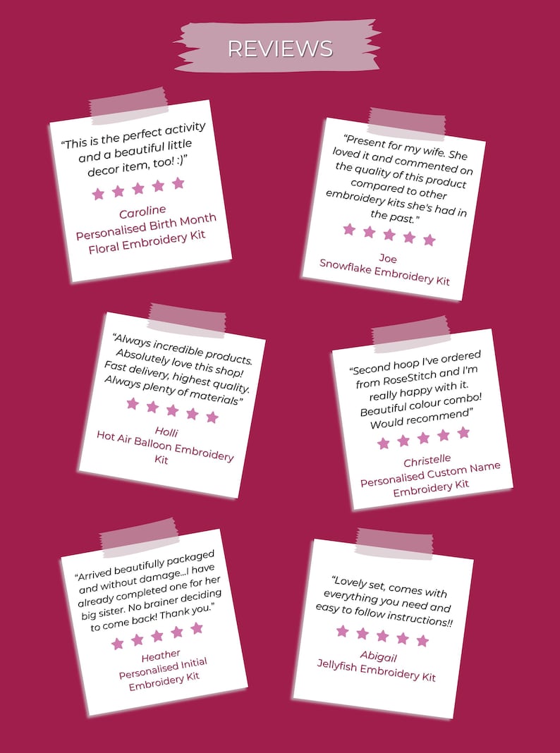 May include: A collection of customer reviews on white sticky notes, each with a pink washi tape border, against a magenta background. The reviews are for embroidery kits, with text and star ratings visible.