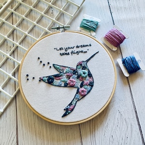 Hummingbird Embroidery Kit - DIY Modern Hoop Art for Mindful Crafting - Quote Optional. Creative Bird Craft Set for Relaxation and Me Time.
