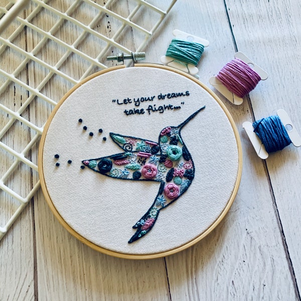 Hummingbird Embroidery Kit - DIY Modern Hoop Art for Mindful Crafting - Quote Optional. Creative Bird Craft Set for Relaxation and Me Time.