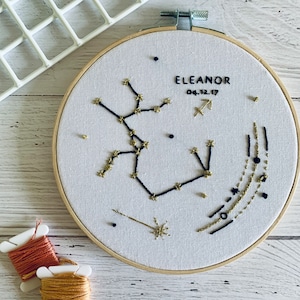 Digital download. Custom birthday Star sign zodiac embroidery hoop art PDF pattern with instructions. Constellation wall art project