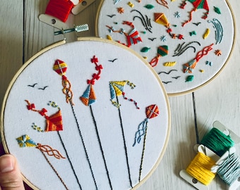 Flying kites embroidery pattern. DIY beginner hoop art craft. Choose your design. Adult birds and kites stress relief hobby gift.