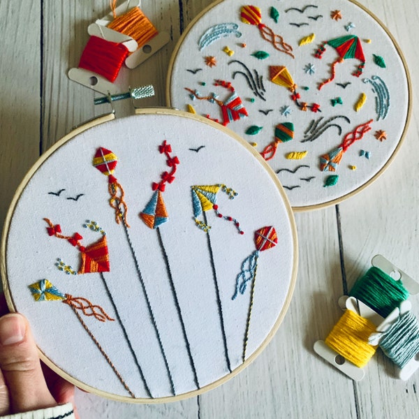 Flying Kites Embroidery Kit - DIY Beginner Hoop Art Craft. Whimsical Stress Relief Project or Gift for Mindfulness