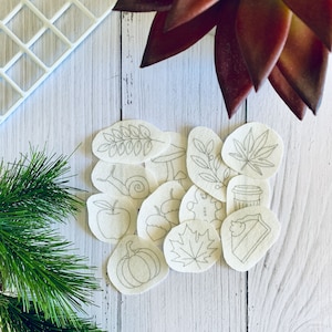 May include: A selection of beige fabric patches featuring embroidered outlines of autumn-themed designs, such as a pumpkin, maple leaf, and coffee cup. Other designs include a snail, mushroom, and sprigs of leaves.