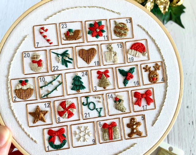 Christmas Advent Calendar Embroidery Kit – Beginner DIY Hand Embroidery Craft, Festive Holiday Sewing Gift