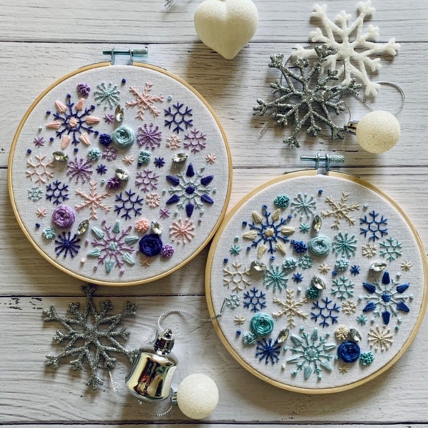 Digital download. Winter snowflake embroidery hoop art PDF pattern with instructions