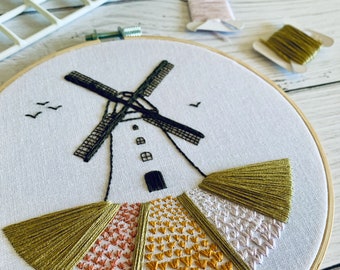 Dutch Windmill Embroidery Kit – Tulip Field DIY Hand Embroidery Craft
