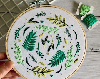 Leafy Botanical Embroidery Kit - DIY Nature Hoop Art for Stress Relief. Adult Foliage Craft for Mindfulness. Plant Lover Gift Idea.