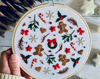 Full embroidery kit.  Festive gingerbread DIY beginner craft. Adult Christmas holidays anxiety/stress relief gift