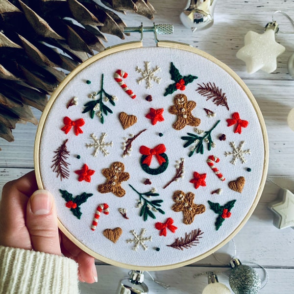 Full embroidery kit.  Festive gingerbread DIY beginner craft. Adult Christmas holidays anxiety/stress relief gift