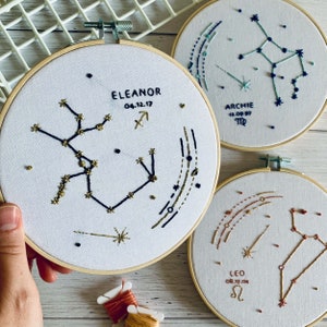 Zodiac Birthday Embroidery Kit - Custom Constellation Hoop Art. Choose Your Sign, Name and Colours. Beginner Hand Sewing Project or Gift