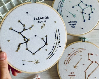 Zodiac Birthday Embroidery Kit - Custom Constellation Hoop Art. Choose Your Sign, Name and Colours. Beginner Hand Sewing Project or Gift