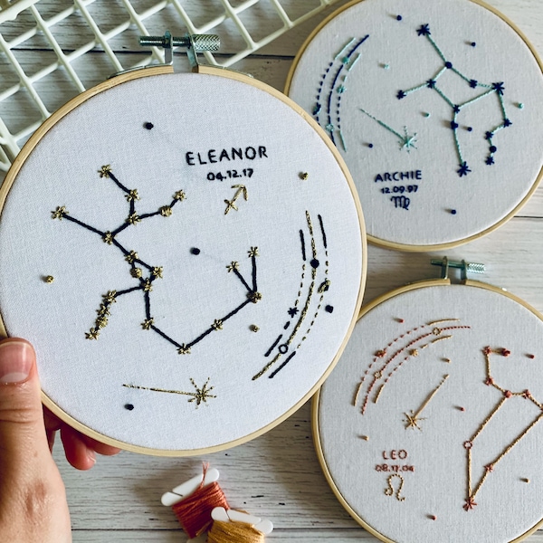 Zodiac Birthday Embroidery Kit - Custom Constellation Hoop Art. Choose Your Sign, Name and Colours. Beginner Hand Sewing Project or Gift