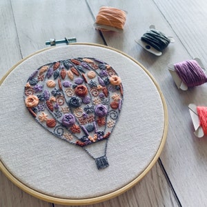 Hot Air Balloon Embroidery Kit - DIY Hoop Art Craft for Mindfulness - Stress Relief Gift for Beginners. Colourful and Whimsical Needlepoint.