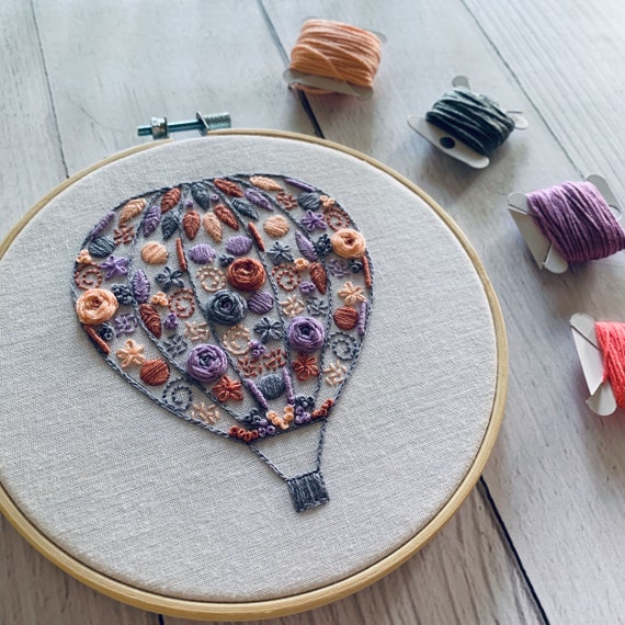 Full embroidery kit.  Hot air balloon DIY beginner craft. Adult anxiety/stress relief gift