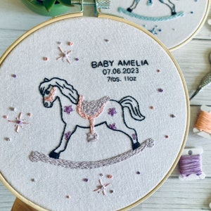 Personalised Rocking Horse Embroidery Kit - Create a Handcrafted Keepsake for Your Newborn. Choose your name, date and weight.