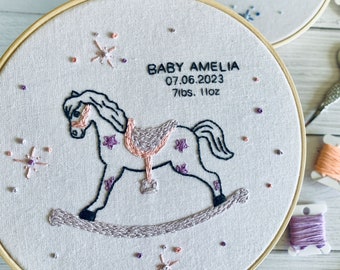 Digital download. Custom newborn/toddler embroidery hoop art PDF pattern with instructions. Personalised rocking horse wall decor project