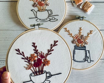 Tea Lover Floral Embroidery Kit -  Single or Duo Kit Options. Teapot, Jam Jar, Teacup Designs. Great For Mindfulness and Relaxation