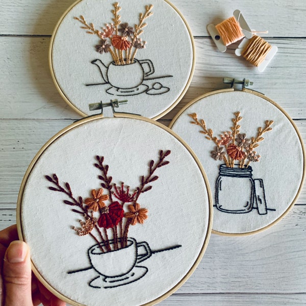 Tea Lover Floral Embroidery Kit -  Single or Duo Kit Options. Teapot, Jam Jar, Teacup Designs. Great For Mindfulness and Relaxation