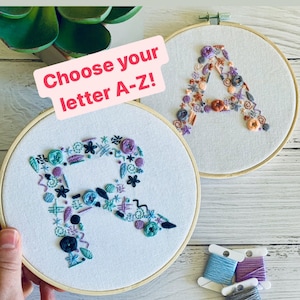 Custom letter embroidery kit. Personalised hoop art hobby. Choose your colours. DIY initial craft project for bedroom art gift