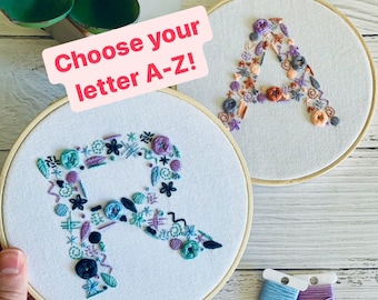 Custom letter embroidery kit. Personalised hoop art hobby. Choose your colours. DIY initial craft project for bedroom art gift