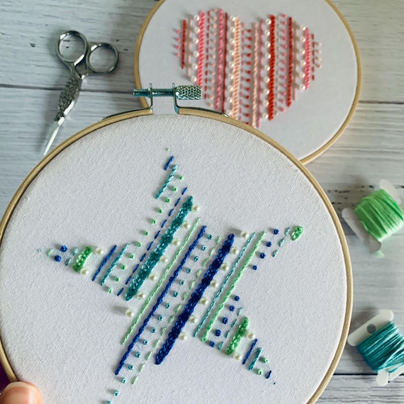 Geometric Star/heart Embroidery Kit: DIY Craft With Beading