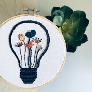 Embroidery Kit - Floral lightbulb pre printed fabric. Hand designed pattern.