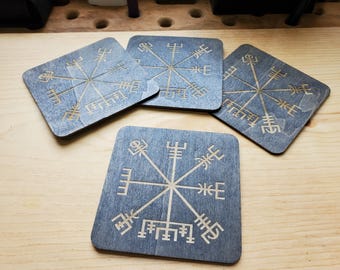 Set of 4 Vegvísir Coasters 4"x4" Wood Plastic-Free Stave Viking Icelandic Norse