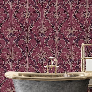 Red Gold Art Deco Wallpaper Erte 1920s Pattern Wall Mural Removable Peel and Stick Elegant Deco Art Nouveau Vintage Luxury Print Maximalism