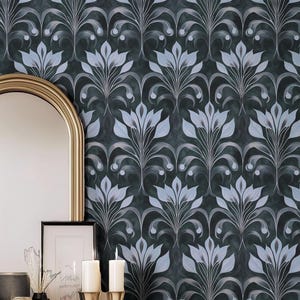 Vintage Blue Damask Wallpaper Peel and Stick Removable Wall Mural Traditional Home Decor Accent Wall Blue Floral Pattern Interior Design